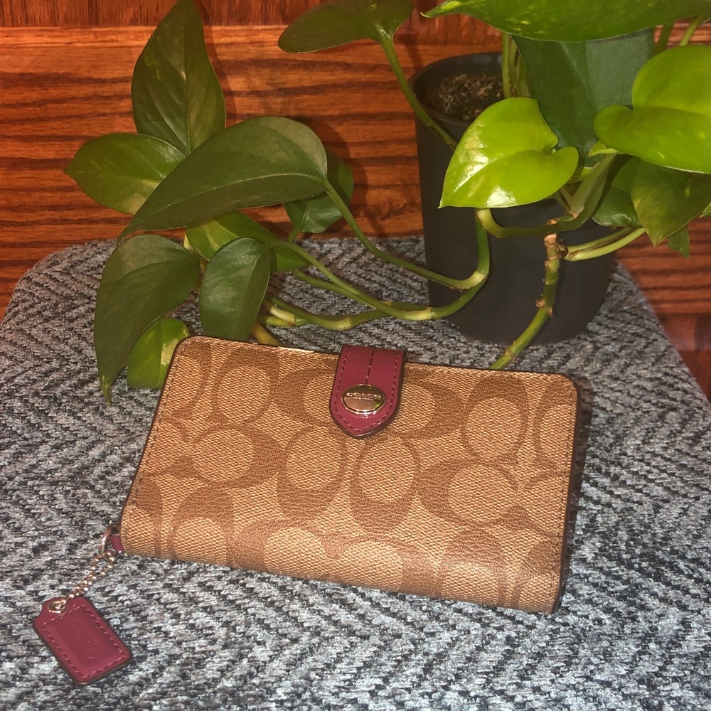 Coach Tan and Burgundy Signature Wallet